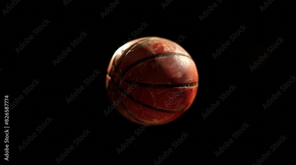 Dramatic close-up of a textured basketball against a dark background, highlighting the intensity of the sport. Generative Ai