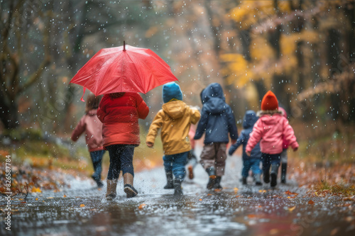Group of children, one holding a red umbrella, playing in the rain on a path surrounded by trees with a blurred background of a park.. AI generated.