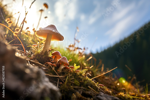 Beautiful mushroom on the sunny bump. Fairytale background with mystic mushroom. photo