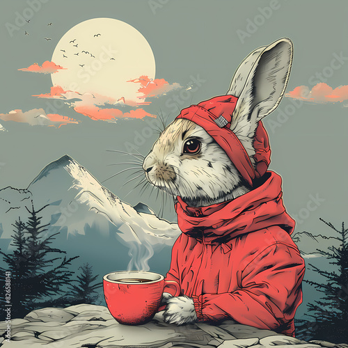 Illustration of a white rabbit wearing a red hat and a red jacket, drinking coffe in a red cup with landscape with mountains with snow, trees, clouds and the sun