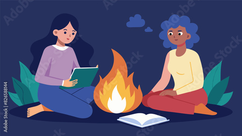 A woman sits in front of a fire illustrating on a small notebook as she shares her personal story with a trusted friend or family member.. Vector illustration