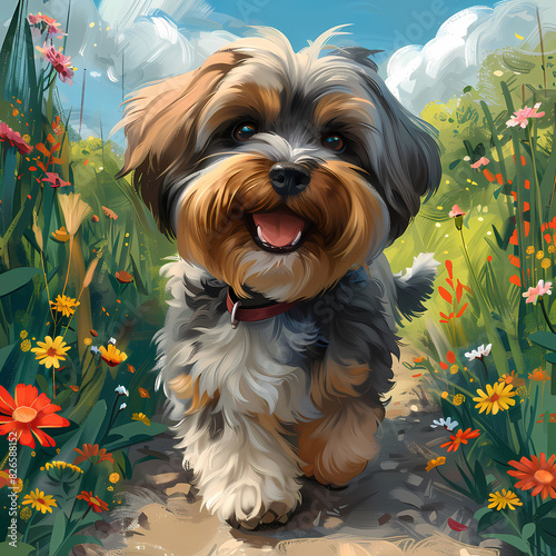 Illustration of a brown and black shih-tzu dog walking at the garden with colorful flowers