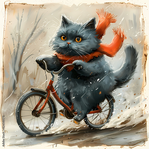 Illustration of cute and fat gray cat with yellow eyes, wearing an orange scarf and riding a bicycle