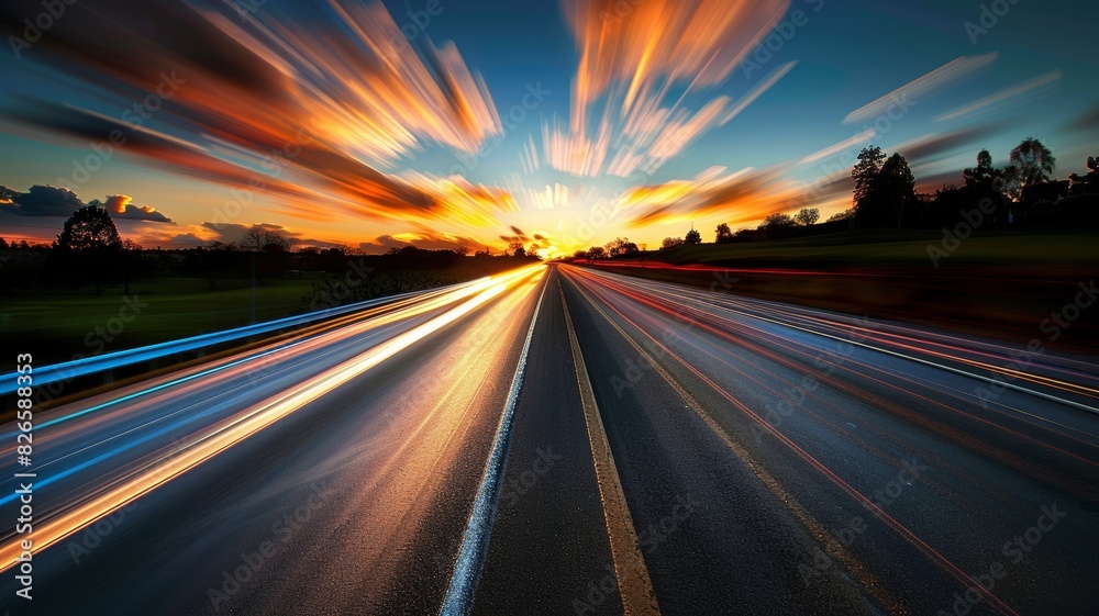 wide angle photo of a city road with a speed blur in the evening. wide angle photo of a city road with a speed blur in the evening.
