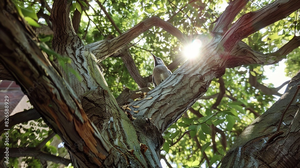   Perched on a leaf-dappled tree branch, a bird basks under the warm sunbeams