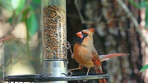   A bird perched on a birdhouse near a birdseed dispenser, surrounded by seeds photo