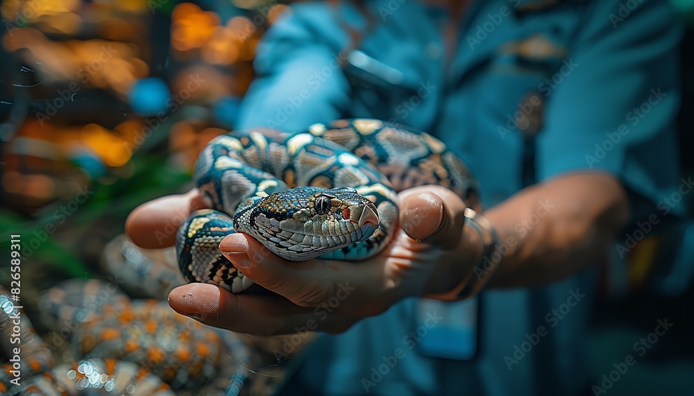 A reptile specialist handling a snake in a pet store A reptile specialist handling a snake in a pet store
