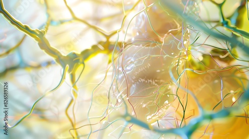 3D illustration of a detailed human neuron. The intricate network of dendrites and axons is clearly visible, as well as the soma, or cell body, of the neuron. photo