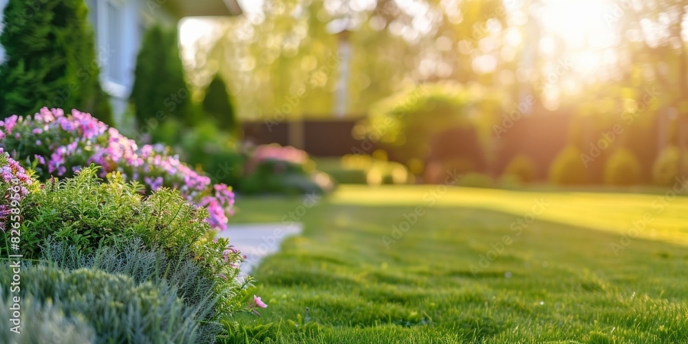 Obraz premium A close up of a lawn with a house in the background 