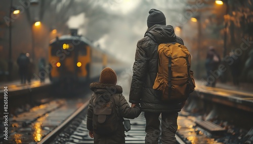 A father and son wait for a train on a foggy day. photo