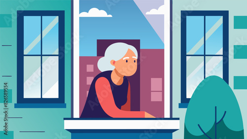 An elderly woman looking out her window on the lookout for any potential threats as part of the Neighborhood Watch Program.. Vector illustration