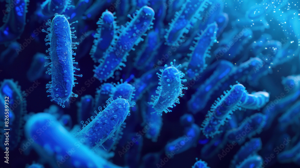 3D microscopic blue bacteria, close-up of displaying their unique forms and vivid hues, presenting a stunning view of microbiology. 3D microscopic blue bacteria, close-up of displaying their unique forms and vivid hues, presenting a stunning view of microbiology.