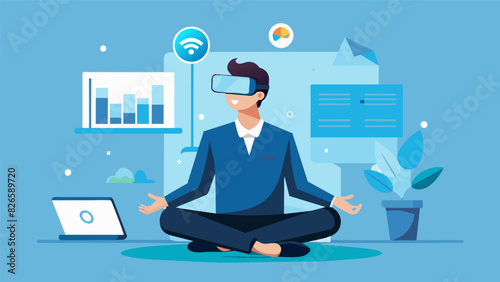 An office worker using VR to participate in a virtual reality meditation and breath work session to reduce tension and increase focus before a big. Vector illustration