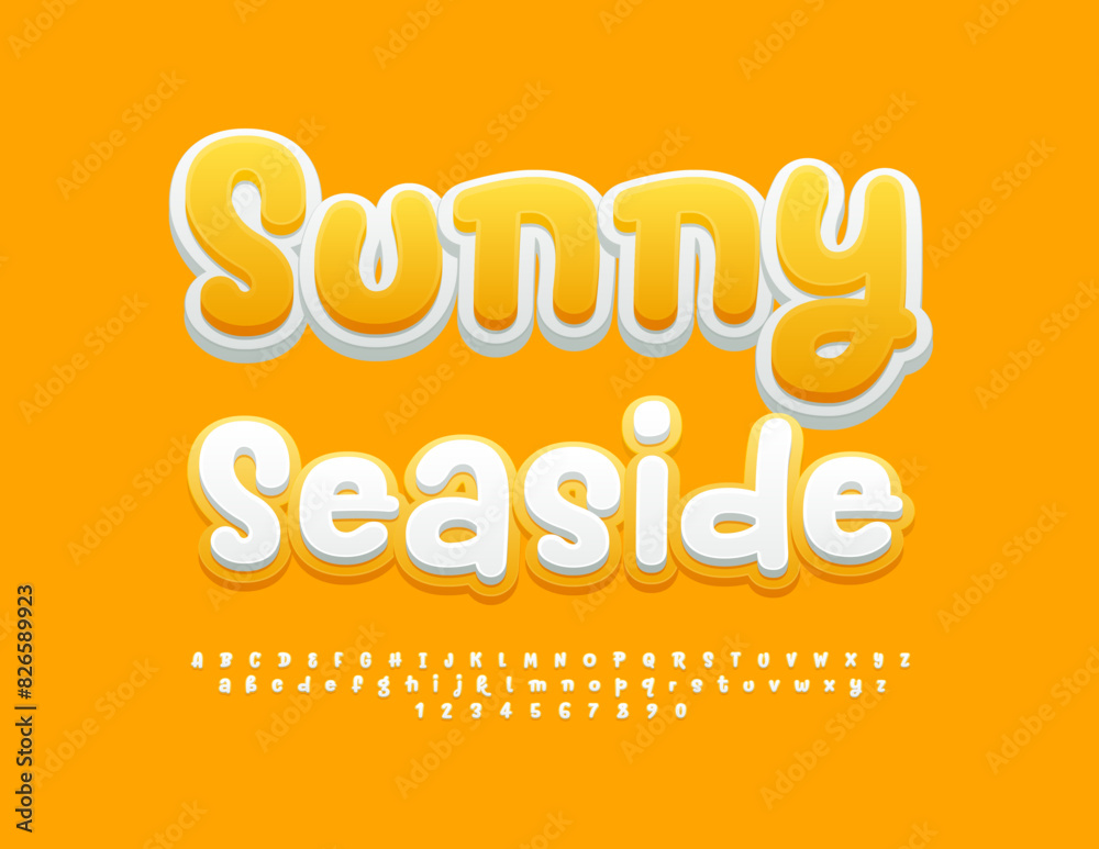 Vector creative flayer Sunny Seaside. Funny White and Yellow Font. Playful Alphabet Letters and Numbers set.