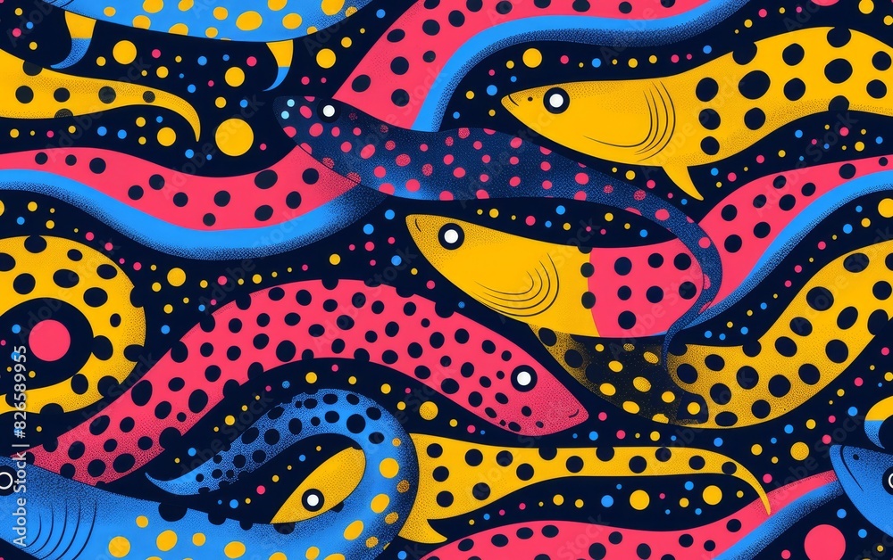 Naklejka premium Colorful abstract fish pattern with yellow, blue, and pink tones on a dark background.