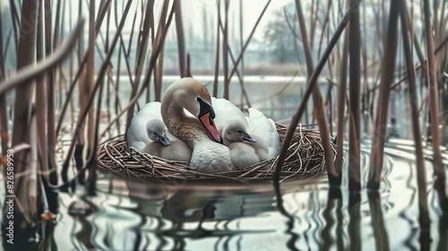   A pair of birds perched atop a floating nest amidst a reedy waterway photo