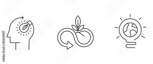 Vector icon concepts representing innovative environmental solutions, symbolizing various sustainable practices and eco friendly solitions.