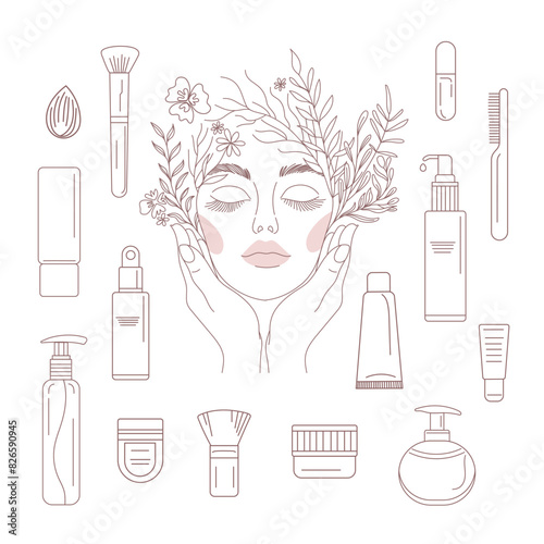 Elegant Line Art of Skincare and Beauty Products with Beautiful image of a female face. Line Art stylized image. Logo of a beauty salon, health industry, makeup artist.