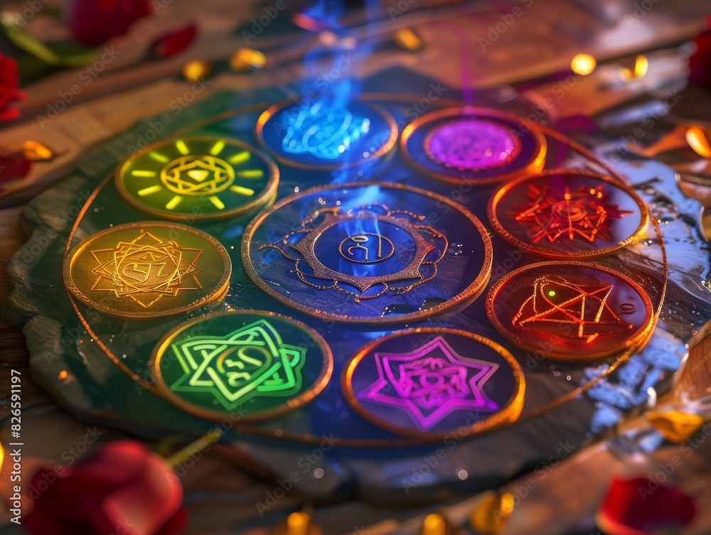 Fototapeta premium Mystical glowing symbols on stone altar.