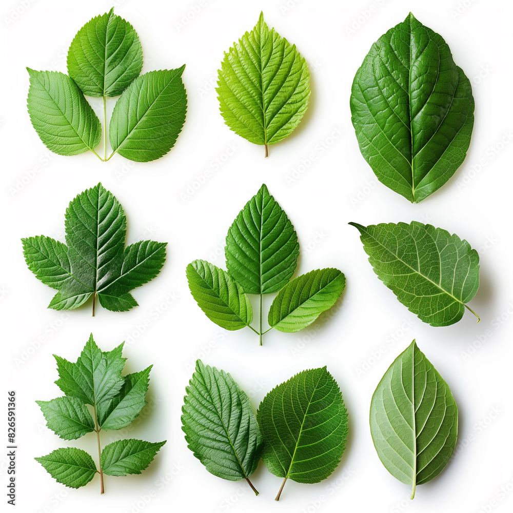 A collection of green leaves are arranged in a pattern on a white background A collection of green leaves are arranged in a pattern on a white background