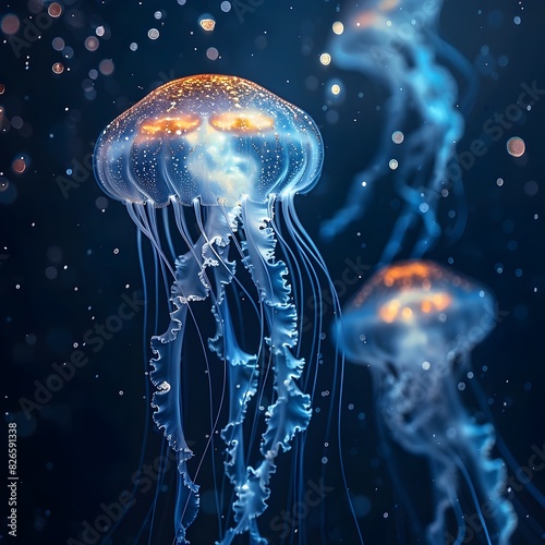 Glowing Jellyfish Drifting Gracefully Through the Bioluminescent Ocean