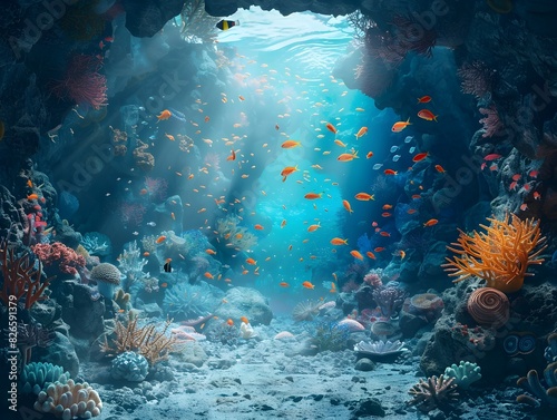 Mesmerizing Underwater Cavern with Vibrant Coral Reefs and Curious Marine Life