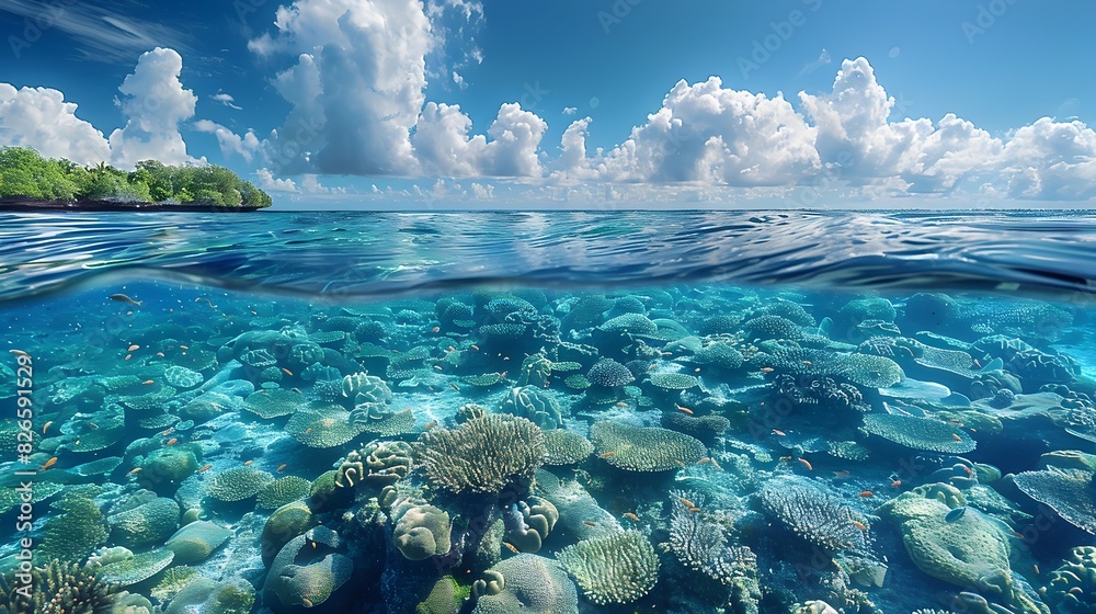 Vibrant Coral Reef Teeming with Tropical Marine Life in Idyllic Coastal Atoll Seascape