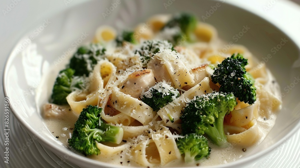 White bowl brimming with pasta, broccoli bathed in Parmesan cheese, and a dusting of extra Parmesan on top White bowl brimming with pasta, broccoli bathed in Parmesan cheese, and a dusting of extra Parmesan on top