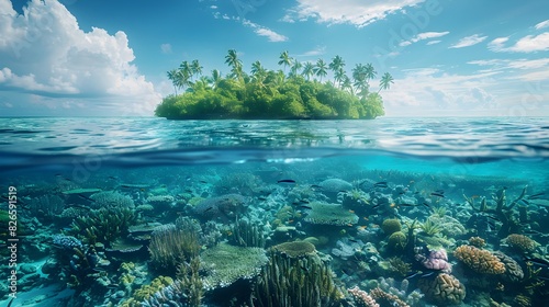 Lush Tropical Coral Reef Atoll Teeming with Diverse Aquatic Life in Pristine Ocean Landscape