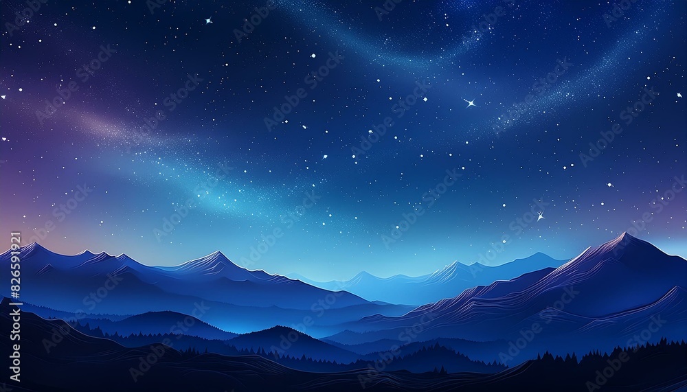 A nighttime landscape with a clear, sparkling starry sky above a silhouetted mountain range. A nighttime landscape with a clear, sparkling starry sky above a silhouetted mountain range.