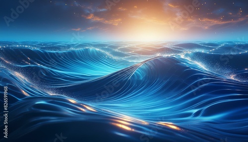 A scene of blue ocean waves sparkling under the setting sun, with a golden glow reflecting ocean