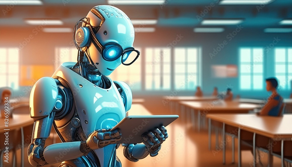 Educational bot with glasses, holding a digital tablet, and a knowledgeable expression. Educational bot with glasses, holding a digital tablet, and a knowledgeable expression.