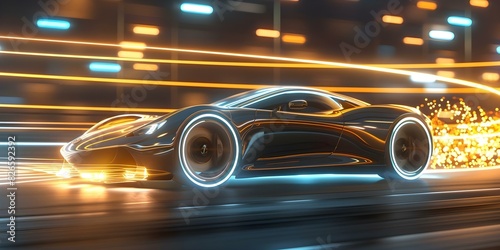 Neonlit futuristic sports car with powerful acceleration and hype. Concept Futuristic Cars, Neon Lights, Sports Cars, Acceleration Technology, Hype Culture photo