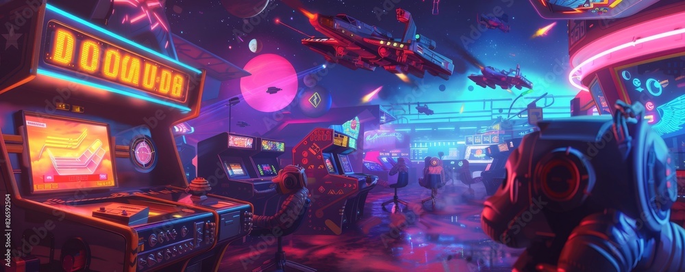 Retroinspired scifi art with futuristic robots, sleek spaceships, and vibrant neon colors Perfect for adding a fun and imaginative touch to a game room or study Retroinspired scifi art with futuristic robots, sleek spaceships, and vibrant neon colors Perfect for adding a fun and imaginative touch to a game room or study