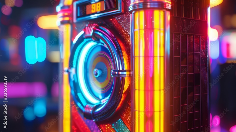 Retro jukebox with bright neon lights in the background. Retro jukebox with bright neon lights in the background.