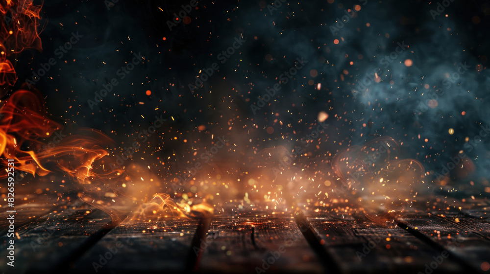 Flames burning at the edge of a wooden table, surrounded by fire particles, sparks, and smoke, with a dark background, providing a dramatic backdrop for products. Flames burning at the edge of a wooden table, surrounded by fire particles, sparks, and smoke, with a dark background, providing a dramatic backdrop for products.