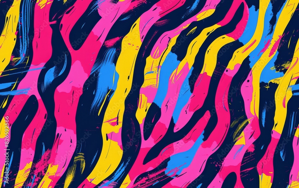 Energetic abstract art with bold pink, yellow, and blue stripes on a dark background. Energetic abstract art with bold pink, yellow, and blue stripes on a dark background.