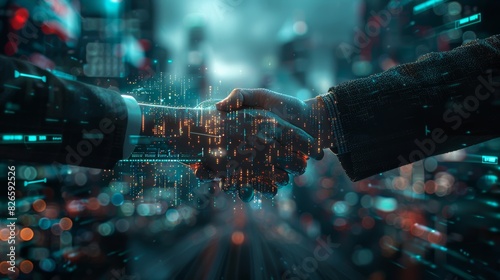 Futuristic handshake between business partners in a digital world, symbolizing the integration of technology and human collaboration. Generative Ai