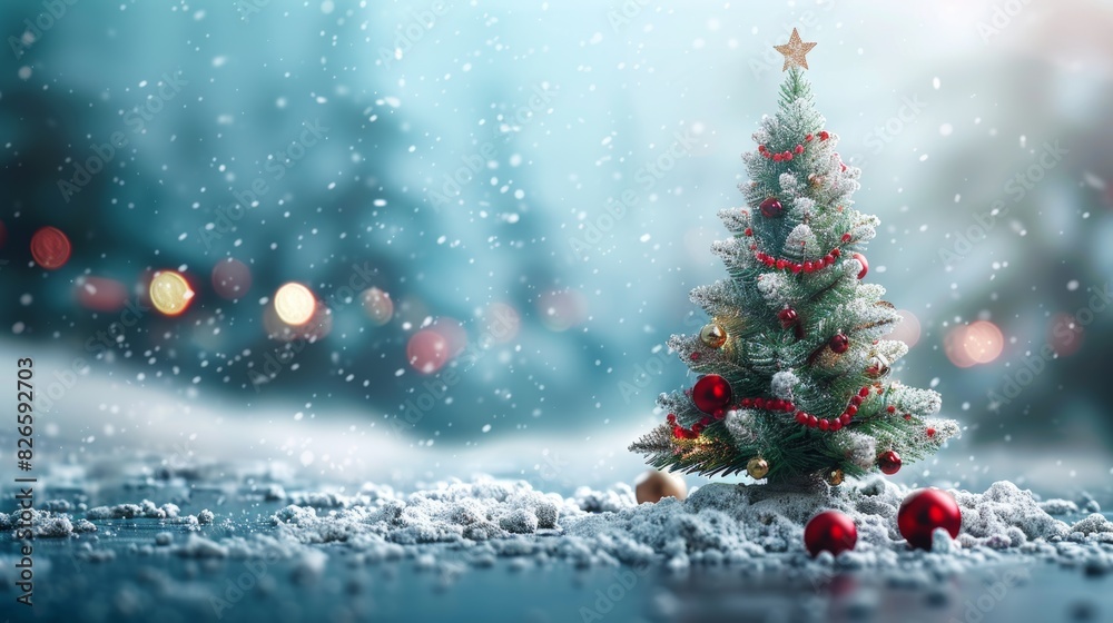 Magical winter scene with a beautifully decorated Christmas tree surrounded by falling snowflakes and glowing lights. Generative Ai
