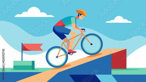 The cyclist dodges obstacles and jumps over ramps in a virtual skatepark feeling the excitement and adrenaline of the ride.. Vector illustration