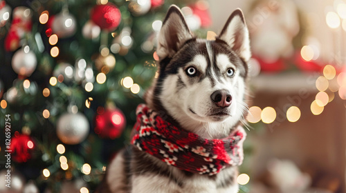 A husky wearing a festive holiday scarf, sitting in front of a decorated Christmas tree. © Евгений Архипов