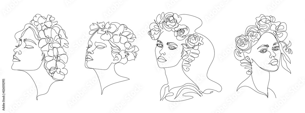Line Art continuous line drawing Four Women fase With Floral Crowns in Minimalist Line Art on White Backgroun, elements for logos in the beauty industry,beauty salon, health industry, makeup artist