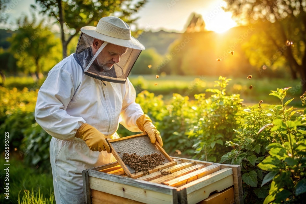 Beekeeper observing hive in field of yellow flowers under blue sky Beekeeper observing hive in field of yellow flowers under blue sky