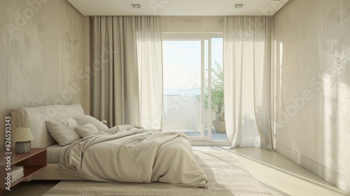 The bedroom has a spacious bed and a big window for natural light