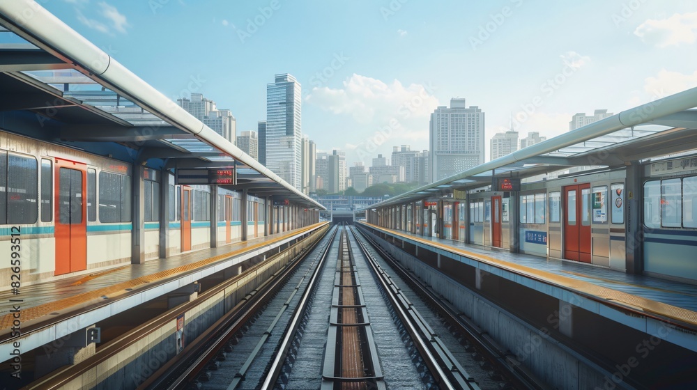 Korean City Subway with Urban Background, Blue Sky, and Outdoor Setting, Featuring Tracks Running and Subway in Motion, Ideal for Urban Transportation and Cityscape Illustrations.