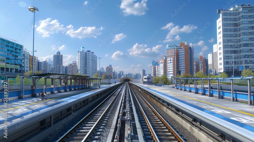 Korean City Subway with Urban Background, Blue Sky, and Outdoor Setting, Featuring Tracks Running and Subway in Motion, Ideal for Urban Transportation and Cityscape Illustrations. Korean City Subway with Urban Background, Blue Sky, and Outdoor Setting, Featuring Tracks Running and Subway in Motion, Ideal for Urban Transportation and Cityscape Illustrations.