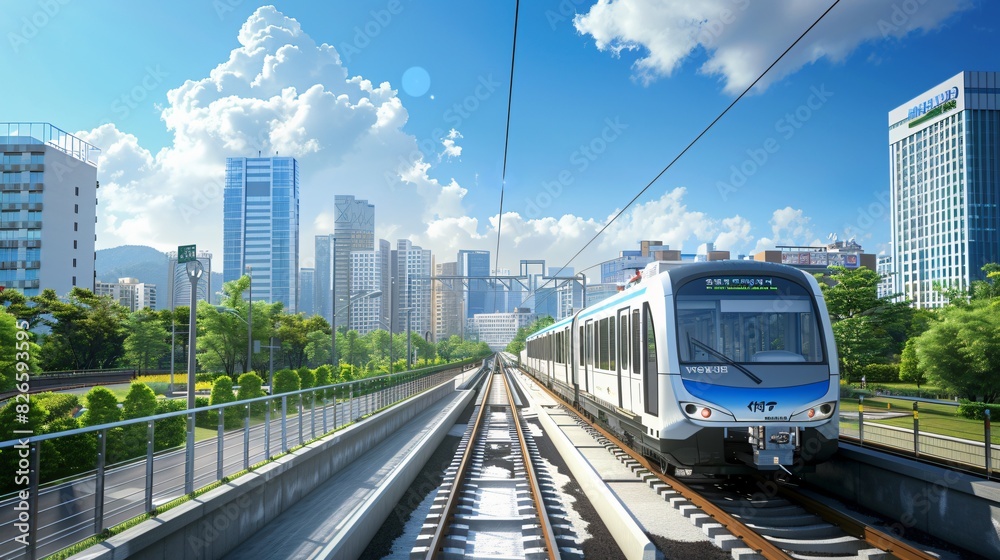 Naklejka premium Korean City Subway with Urban Background, Blue Sky, and Outdoor Setting, Featuring Tracks Running and Subway in Motion, Ideal for Urban Transportation and Cityscape Illustrations.
