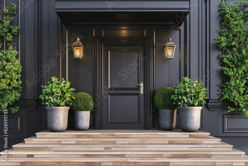 Black front door with potted plants and lanterns on the sides, wooden staircase leading to it. Front view of a mockup template in high resolution and photorealistic style, 3d render.