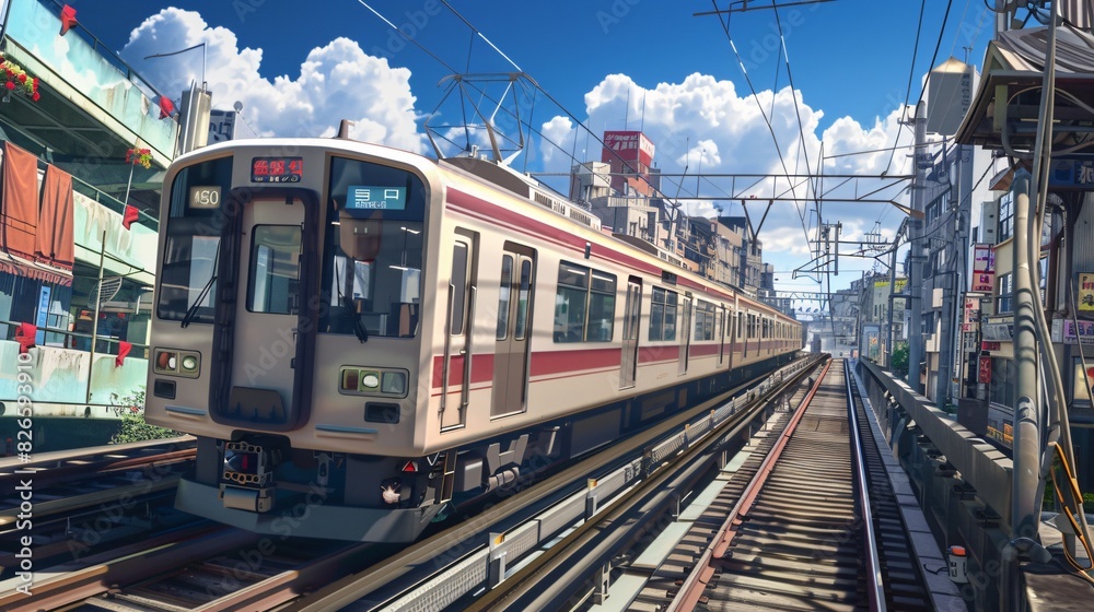Obraz premium Japanese City Subway with Urban Background, Blue Sky, and Outdoor Setting, Featuring Tracks Running and Subway in Motion, Ideal for Urban Transportation and Cityscape Illustrations.