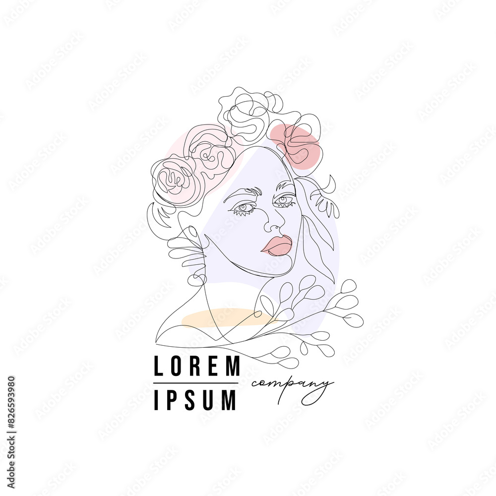 Artistic continuous line, Line Art , Logo ,Line Drawing of a Woman With Floral Headpiece in Minimalist Style.Linear stylized image. Logo of a beauty salon, wedding industry, makeup artist.